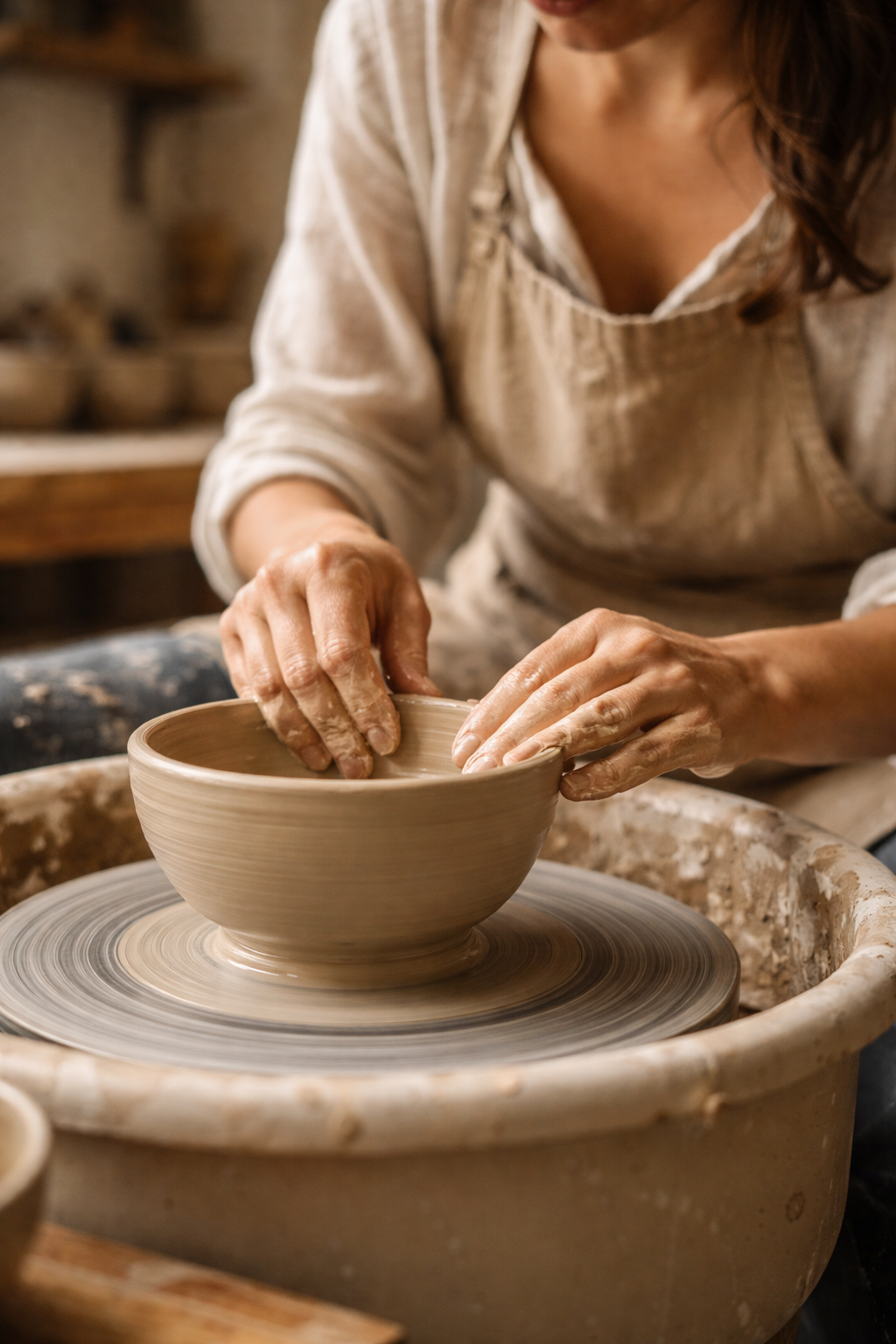 هنرمند زن در کارگاه خود در حای شکل دادن به ظرف سرامیکی دست ساز روی چرخ سفالگری، نور طبیعی و فضای گرم
